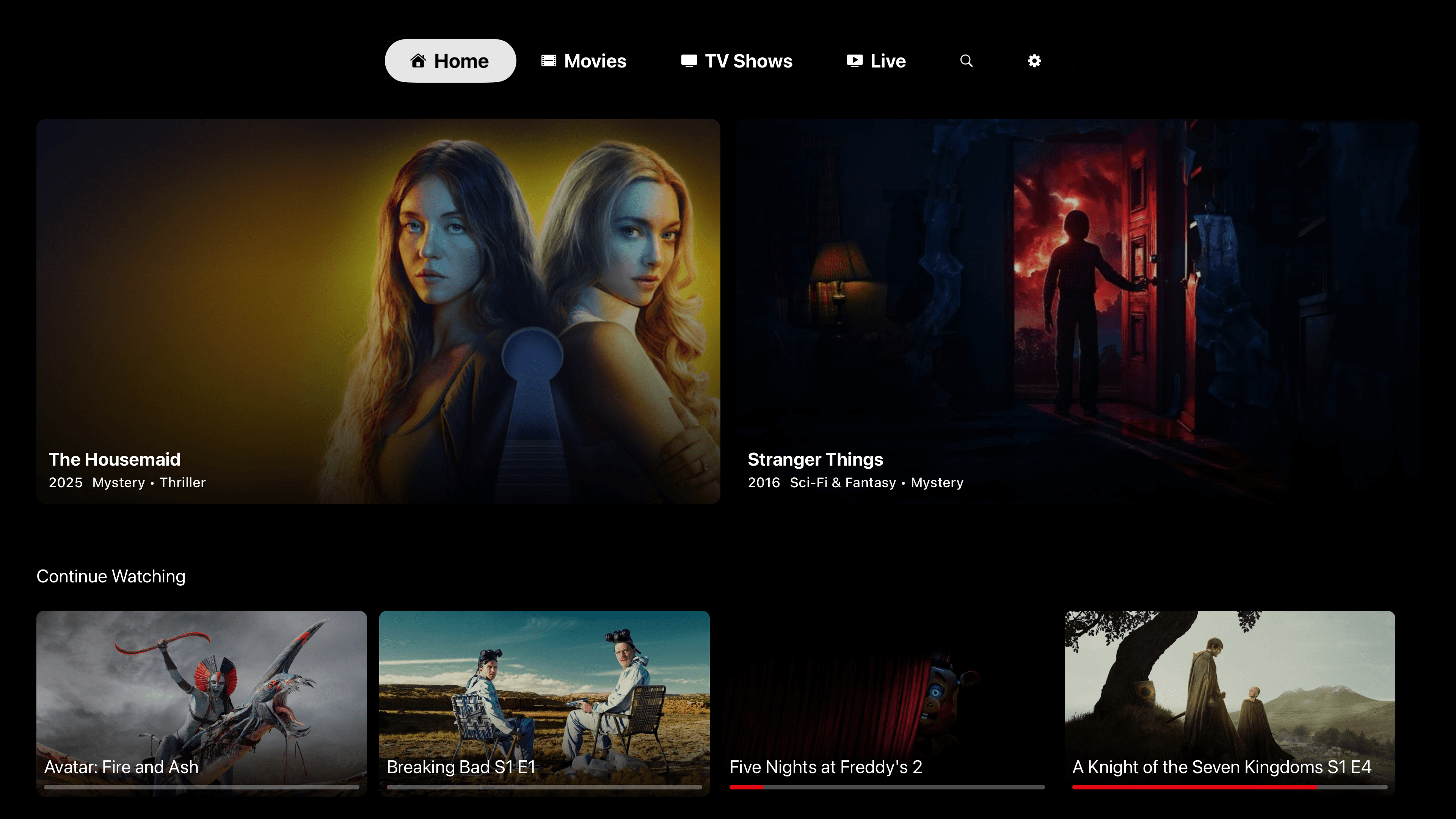 App streaming interface on TV